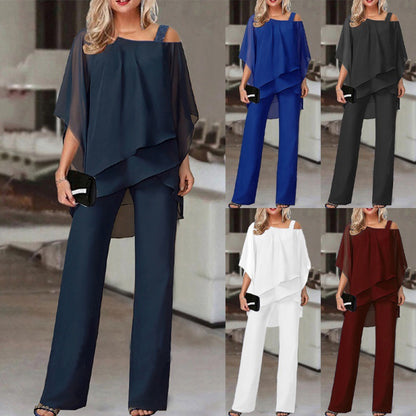FashionRay women's layered chiffon two-piece pantsuit in five colors, stylish and comfortable.