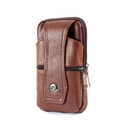 Brown leather phone pouch with zipper pocket and button flap from FashionRay