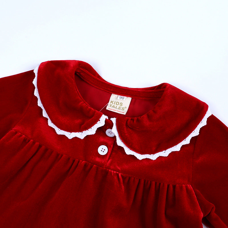 Red velvet toddler dress with white lace collar and white buttons, FashionRay kids clothing