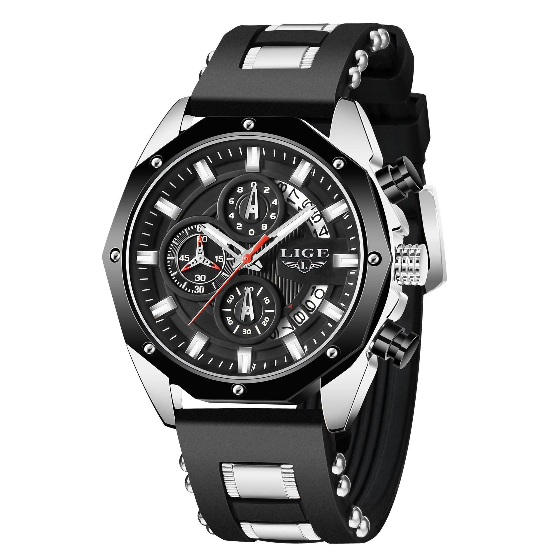 Stylish black and silver men's chronograph watch with bold face on FashionRay
