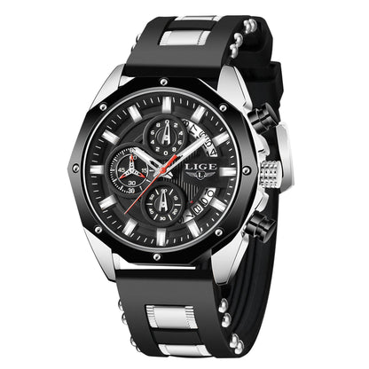 Stylish black and silver men's chronograph watch with bold face on FashionRay