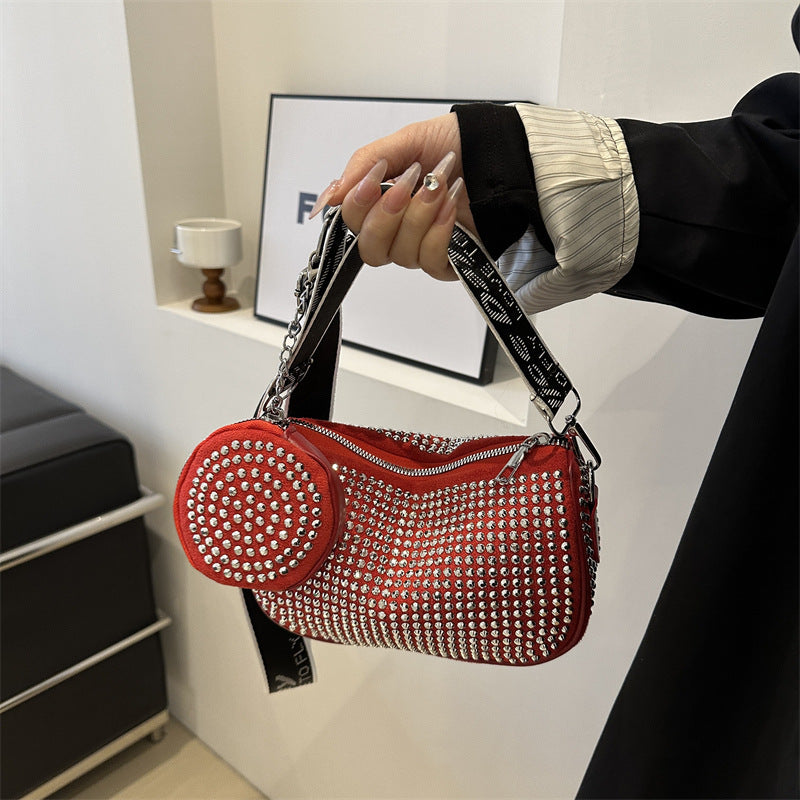 Red studded handbag with silver rhinestones and mini pouch, trendy accessory from FashionRay