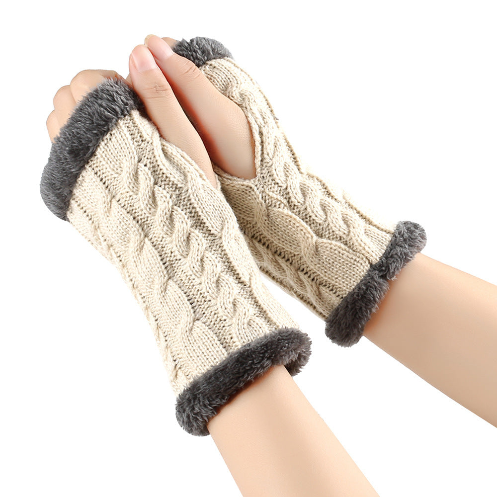 Beige cable knit fingerless gloves with gray faux fur trim, cozy winter accessory by FashionRay