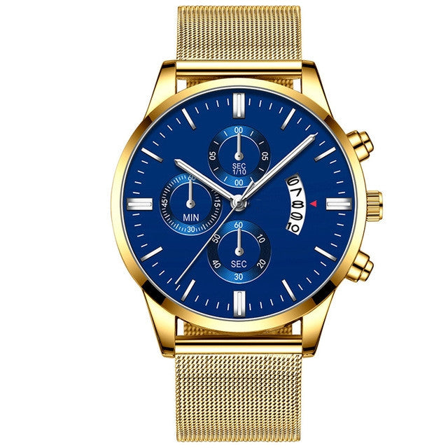 Gold mesh band watch with blue chronograph dial, bold style by FashionRay