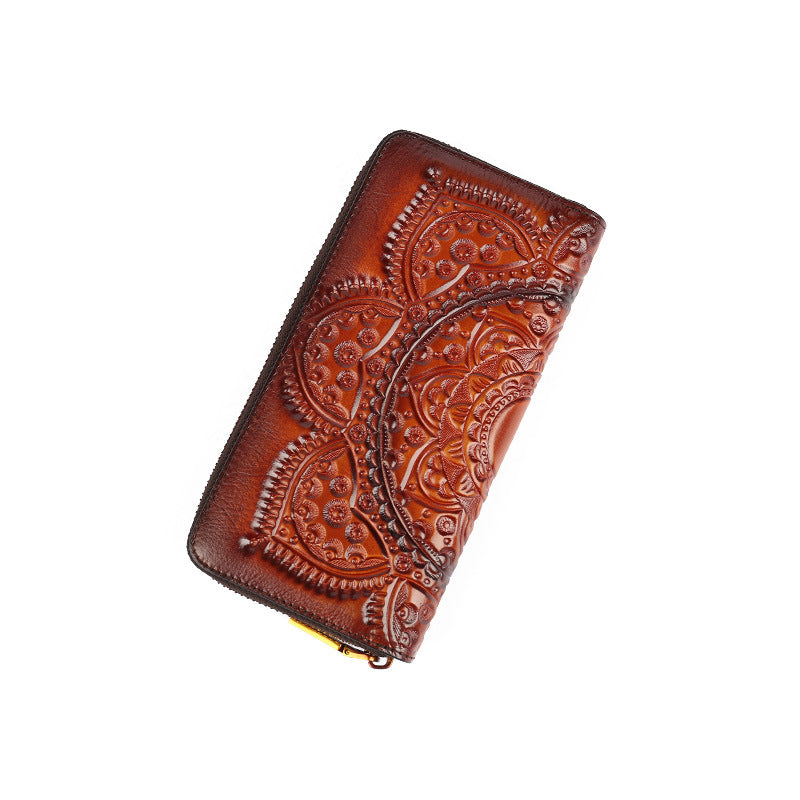FashionRay brown embossed leather wallet with ornate floral pattern on white background