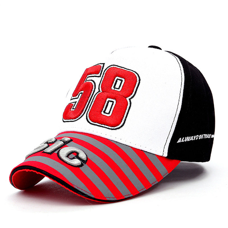 FashionRay sporty cap with red 58 embroidery, striped visor, and black, white, red design