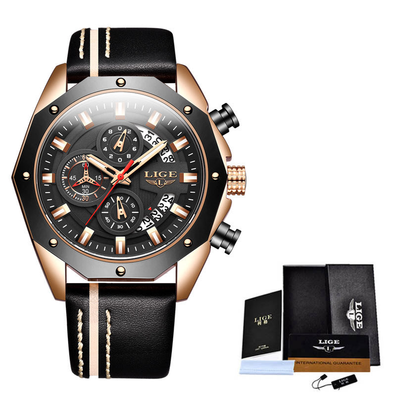 LIGE men's luxury black and gold chronograph watch with leather strap and gift box