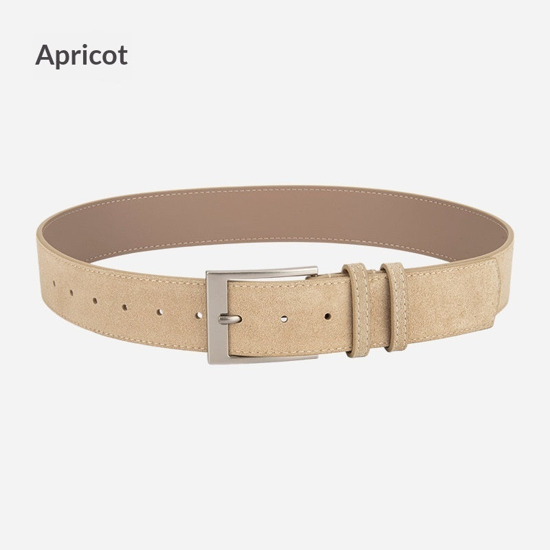 Apricot suede belt with metal buckle on white background, FashionRay trendy accessory
