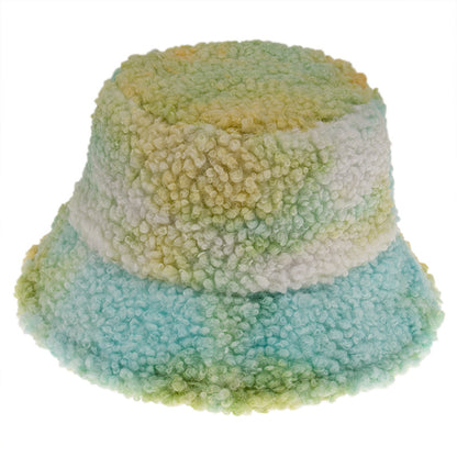 Colorful sherpa bucket hat with blue, green, and yellow hues from FashionRay