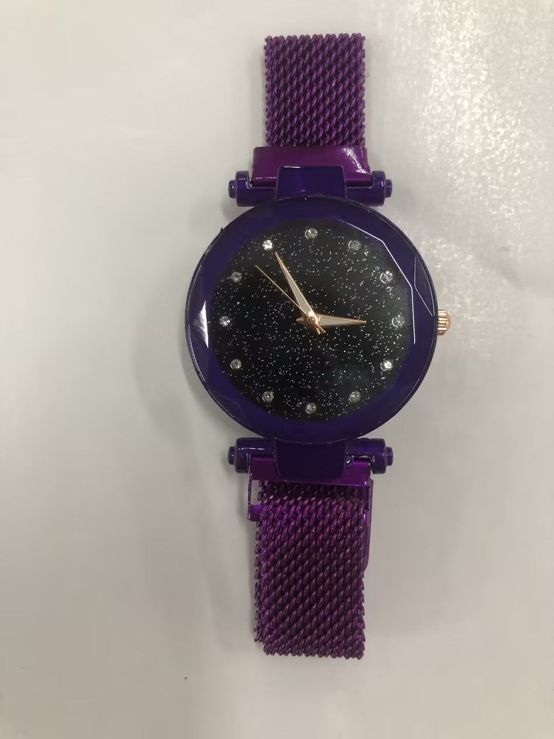 FashionRay stylish purple mesh watch with glittery black dial and crystal hour markers