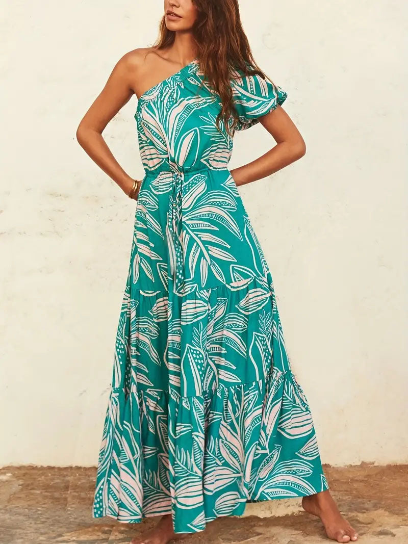 Woman in teal one-shoulder leaf print maxi dress, FashionRay trendy summer fashion style
