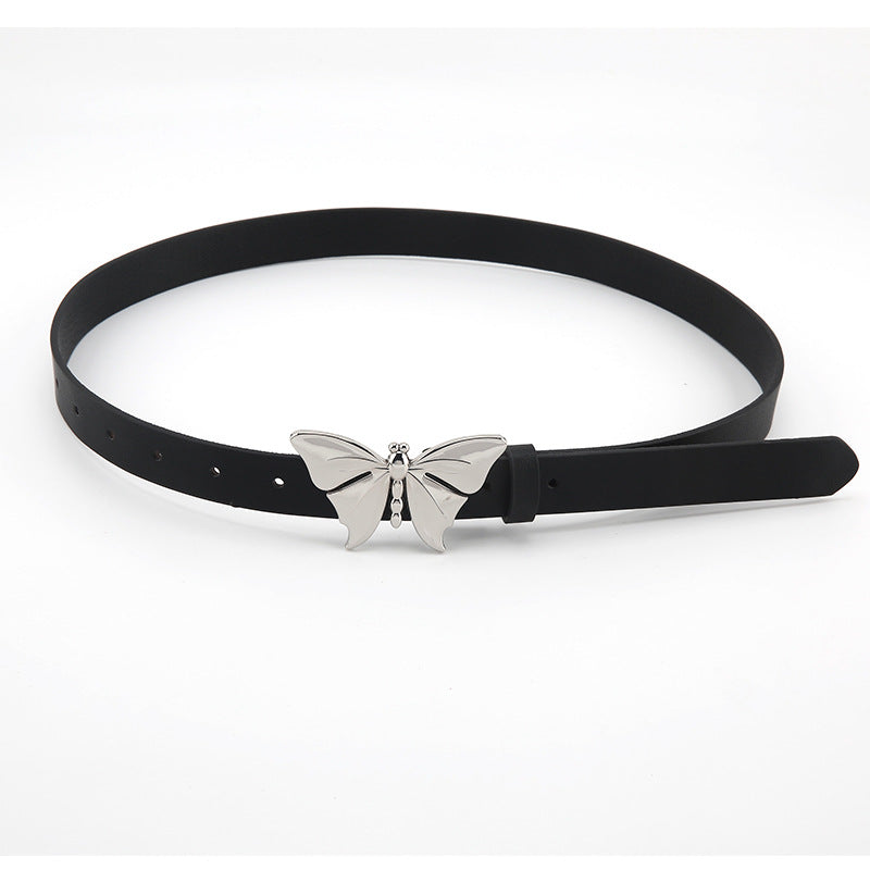 FashionRay black belt with silver butterfly buckle, trendy women's accessory on white background