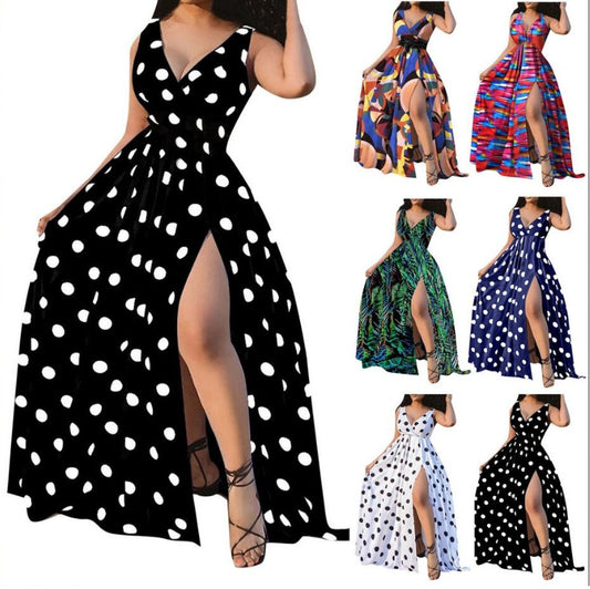 Women's trendy sleeveless maxi dresses with slit, polka dot and colorful patterns, FashionRay