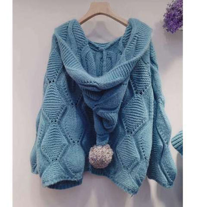 Chunky knit blue hooded sweater with pom-pom, trendy cozy style from FashionRay