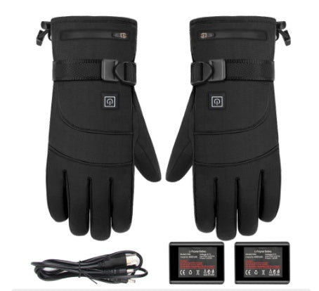 FashionRay black heated gloves with batteries and charging cable, ergonomic winter design
