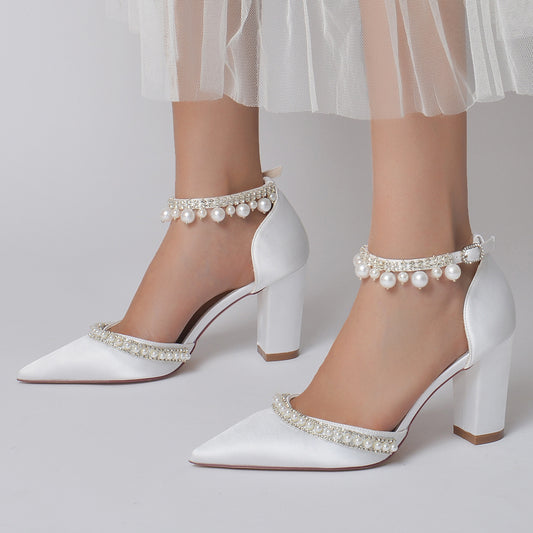 Elegant white satin block heel pumps with pearl ankle straps, FashionRay trendy footwear