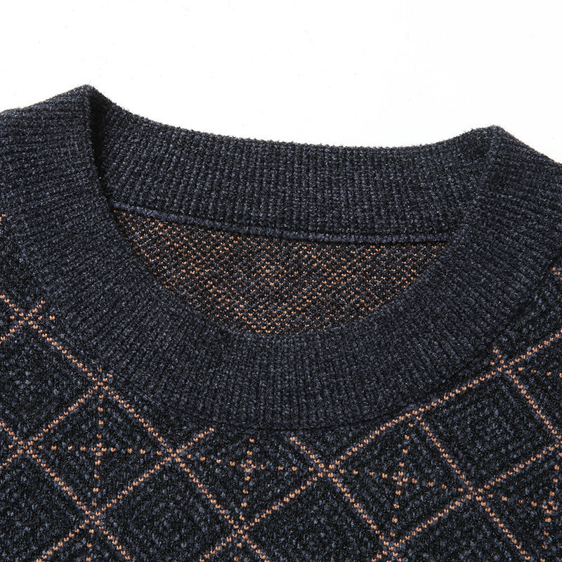Close-up of navy blue knit sweater collar with geometric diamond pattern, FashionRay style