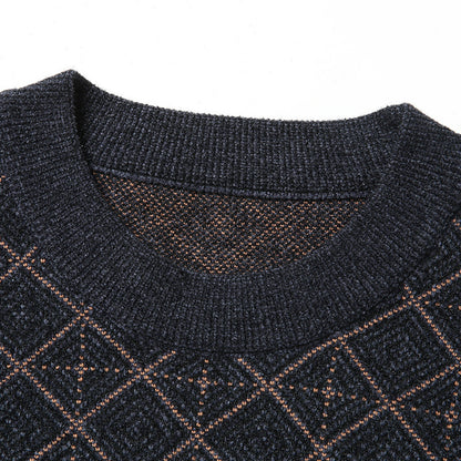 Close-up of navy blue knit sweater collar with geometric diamond pattern, FashionRay style