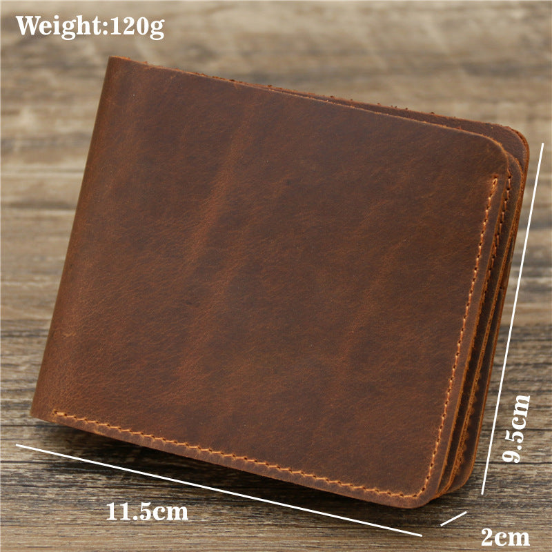 Brown leather wallet on wood surface, FashionRay, size 11.5x9.5x2cm, weight 120g