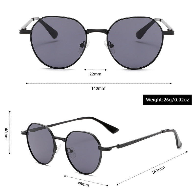 FashionRay black round sunglasses with dark lenses, detailed size and weight measurements