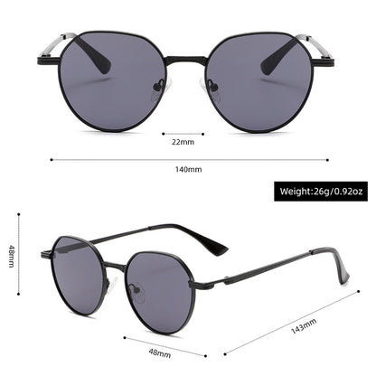 FashionRay black round sunglasses with dark lenses, detailed size and weight measurements