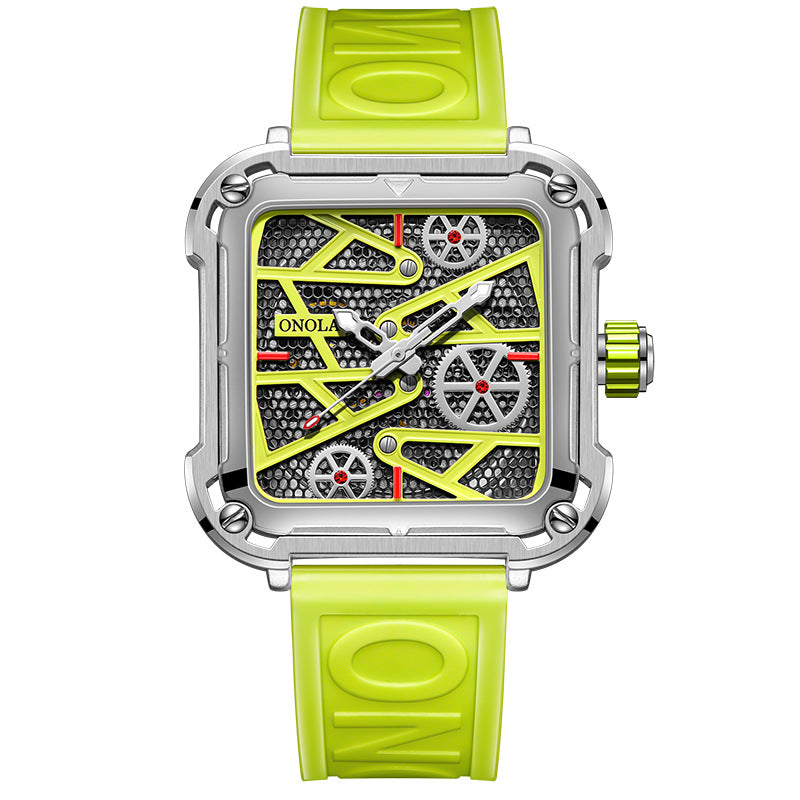 Square silver ONOLA watch with neon yellow strap and geometric skeleton dial, FashionRay style