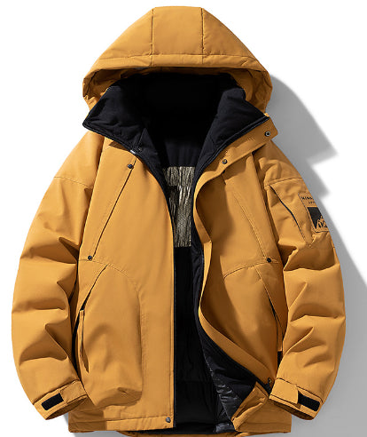 Yellow hooded winter jacket with black lining, stylish outerwear from FashionRay