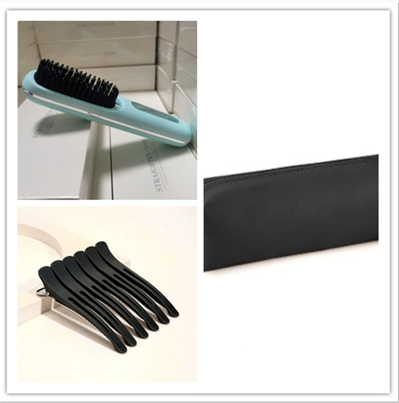 FashionRay hair straightener brush, black hair clips, and storage pouch on display