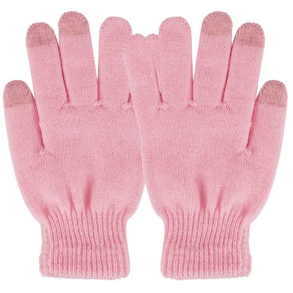 Pink knit touchscreen gloves with ribbed cuffs, trendy winter accessory at FashionRay