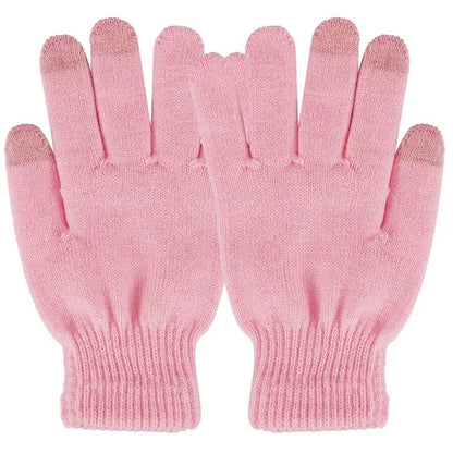 Pink knit touchscreen gloves with ribbed cuffs, trendy winter accessory at FashionRay
