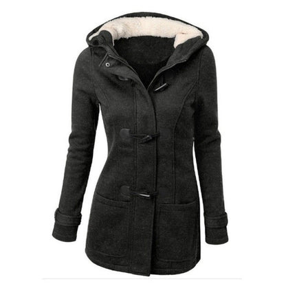 Women's black hooded winter coat with toggle closure and fleece lining from FashionRay