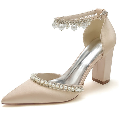 Elegant nude block heel shoe with pearls and ankle strap, FashionRay trendy women's footwear