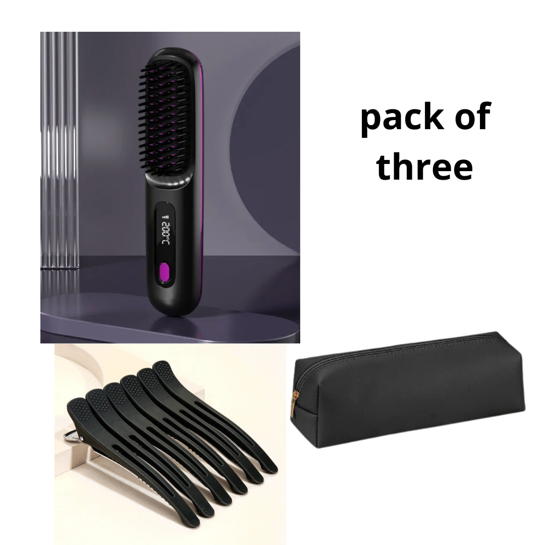 FashionRay hair styling pack of three with black heated brush, styling clips, and case