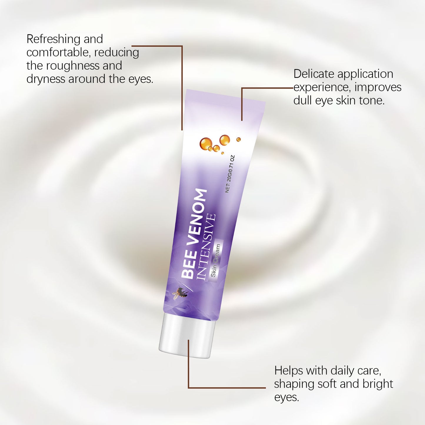 Bee Venom Intensive eye cream tube on cream swirl background with product benefits text overlay