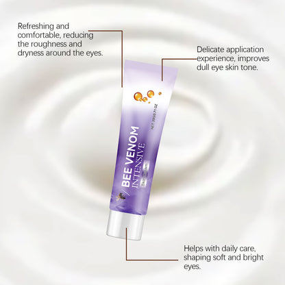 Bee Venom Intensive eye cream tube on cream swirl background with product benefits text overlay