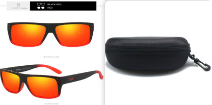 Black and red sunglasses with orange mirrored lenses and hard protective case, FashionRay style