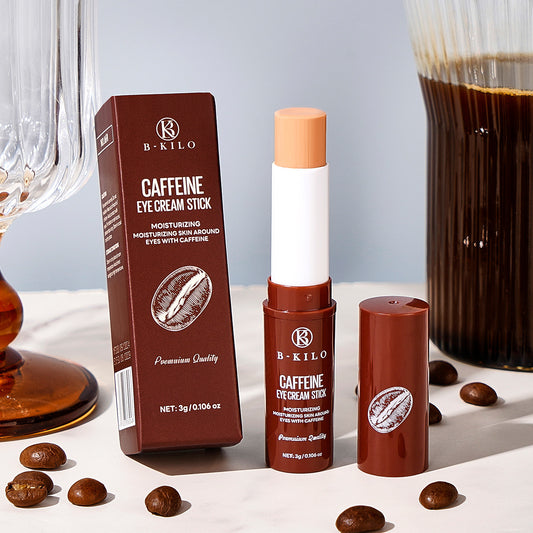 B Kilo caffeine eye cream stick with box, coffee beans, and glass on table, FashionRay beauty