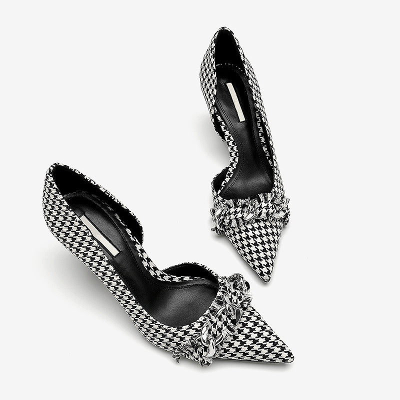 Houndstooth pointed-toe heels with silver chain detail, women's fashion shoes on white background