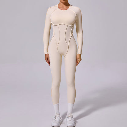 Woman modeling a beige long-sleeve bodysuit with contour seams, FashionRay trendy activewear
