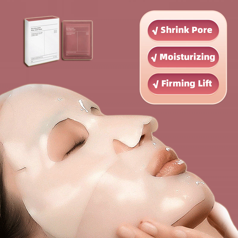 Woman wearing hydrating face mask, packaging shown, with benefits shrink pore, moisturizing, firming lift from FashionRay skincare.