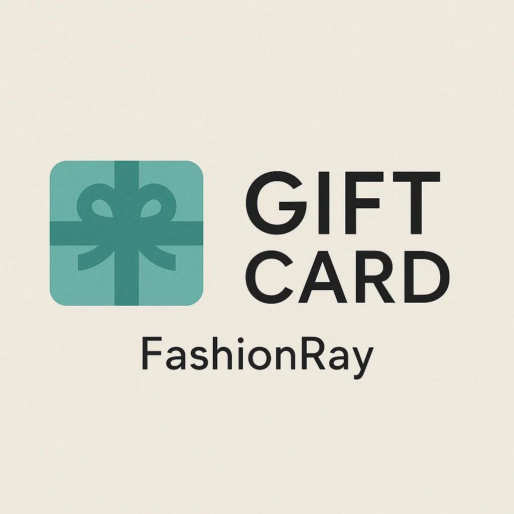 FashionRay gift card image with teal present icon and bold text on a cream background