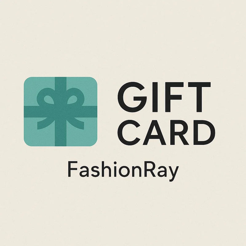 FashionRay gift card image with teal present icon and bold text on a cream background